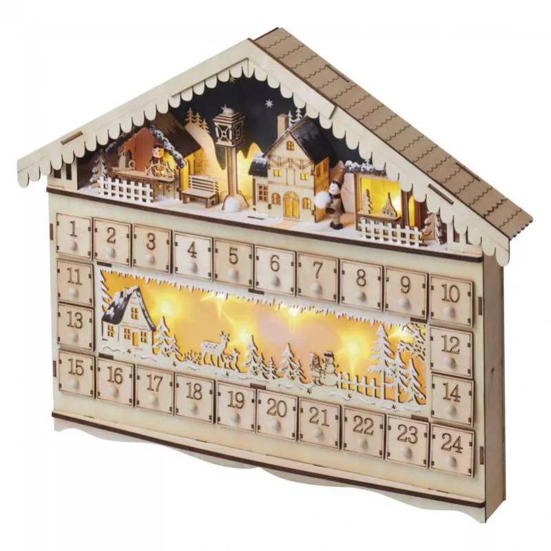 Vianočný adventný kalendár domček, drevený 10 LED